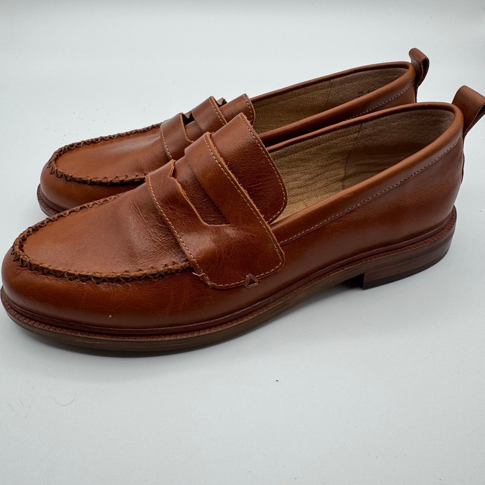 Kelsi Dagger Brooklyn Tan Leather Penny Loafers Whipstitch Womens 9.5